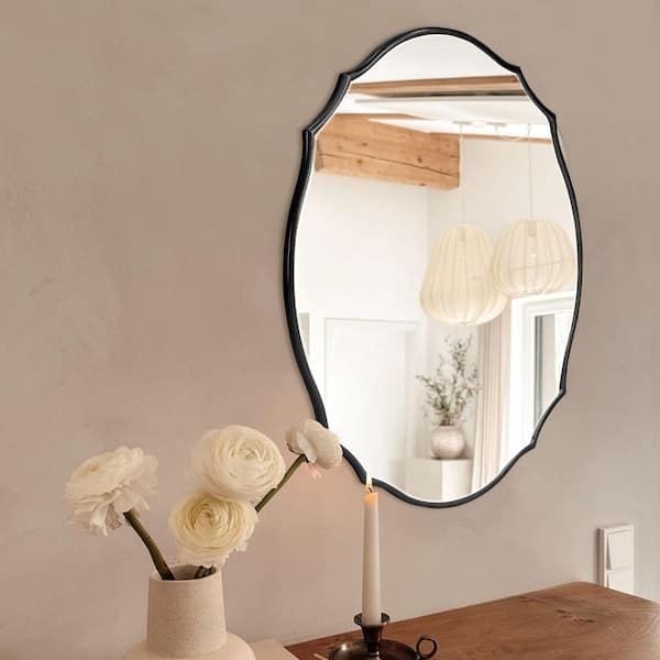 24 in. W x 35.8 in. H Baroque-Inspired Classic Dark Wooden Curved Wall Mirror
