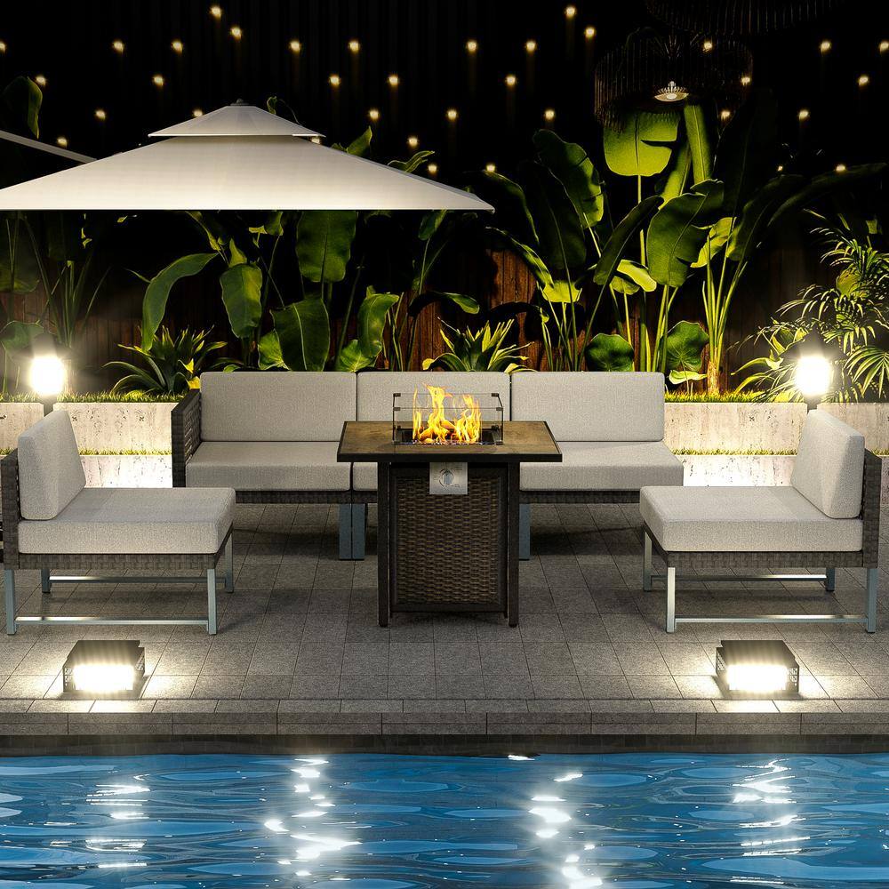 Black Rattan Wicker 6-Piece Outdoor Patio Square Fire Pit Furniture Set ...