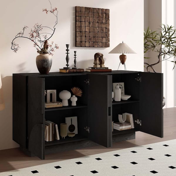 Unbranded Black MDF 56.3 in. 4-Door Large Storage Sideboard Buffet Cabinet with Semi-Circular Handles and Adjustable Shelves