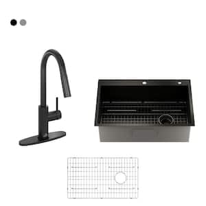 Stainless Steel 33 in. Single Bowl Drop-In Kitchen Sink with Matte Black Infrared Sensor Pull Down Sprayer Faucet