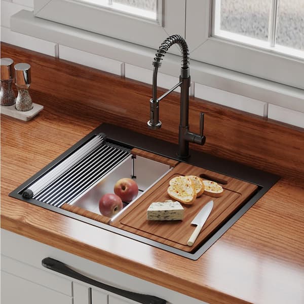 Staykiwi 27 in. Drop-in Single Bowl 16 Gauge Black Stainless Steel Kitchen Sink with Bottom Grids
