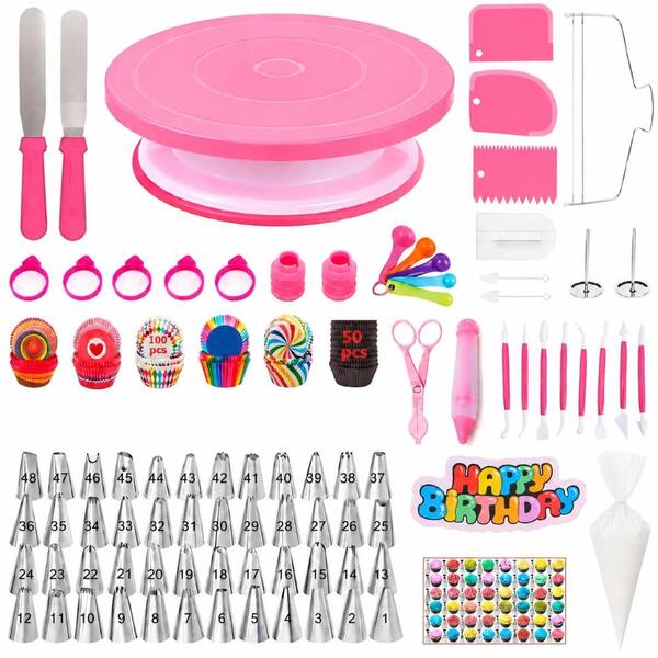 Stainless Steel Pink Cake Decorating Kit with Turntable, Leveler, 48 Tips, 7 Korean Skirt Tips, 390-Piece