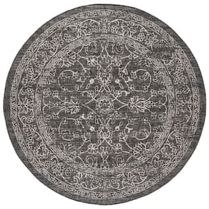 Courtyard Black/Ivory 4 ft. x 4 ft. Round Border Floral Scroll Indoor/Outdoor Area Rug