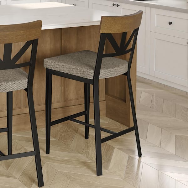 Amisco Clark 27 in. Beige and Brown Tweed Fabric/Black Metal High Back Counter Stool