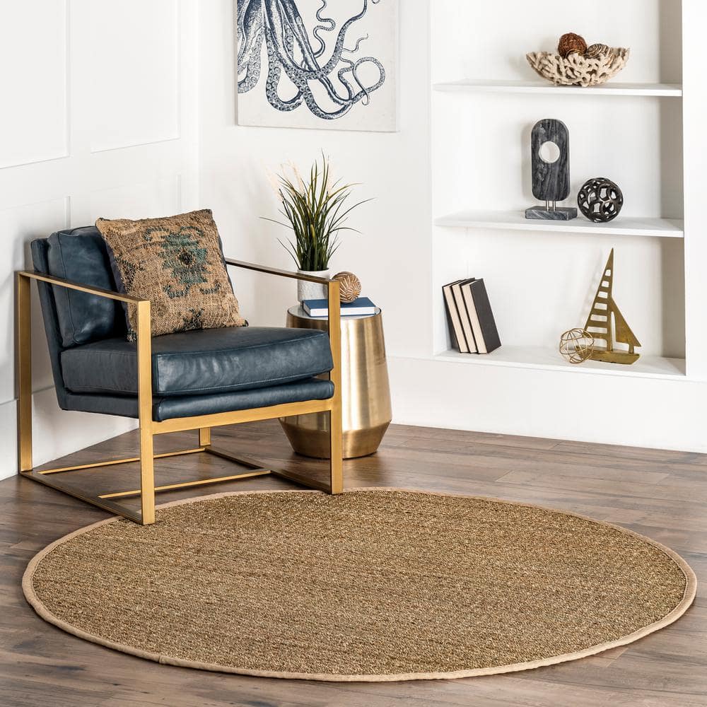 Elijah Beige Seagrass Round 4' Area Rug with Cotton Border