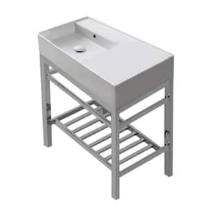 Teorema 2 Ceramic Console Sink Basin in White with Chrome Legs