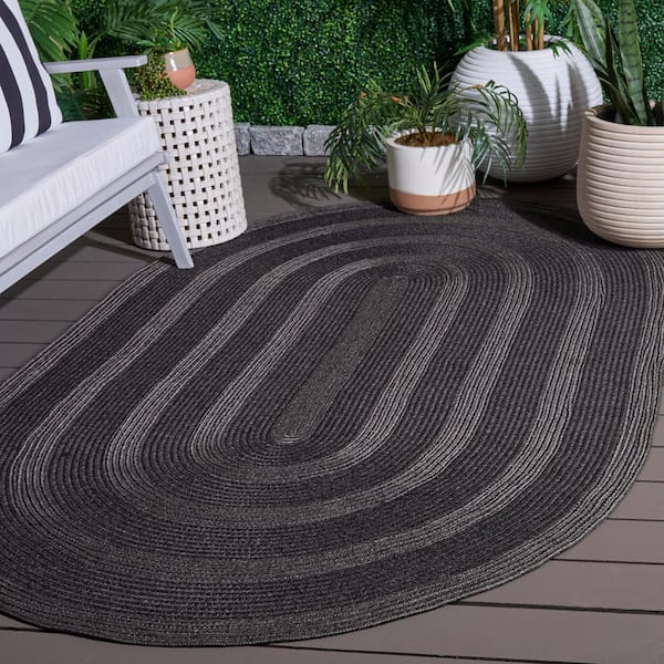 Braided 4 ft. x 6 ft. Oval Charcoal Two-Tone Border Washable Indoor/Outdoor Area Rug