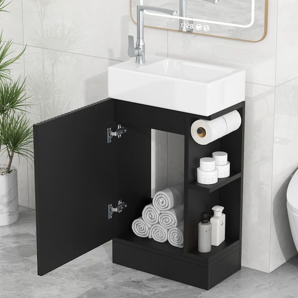 18.6 in. Freestanding Black Bath Vanity with White Ceramic Top, Convertible Bathroom Cabinet with Side Shelf Unassembled