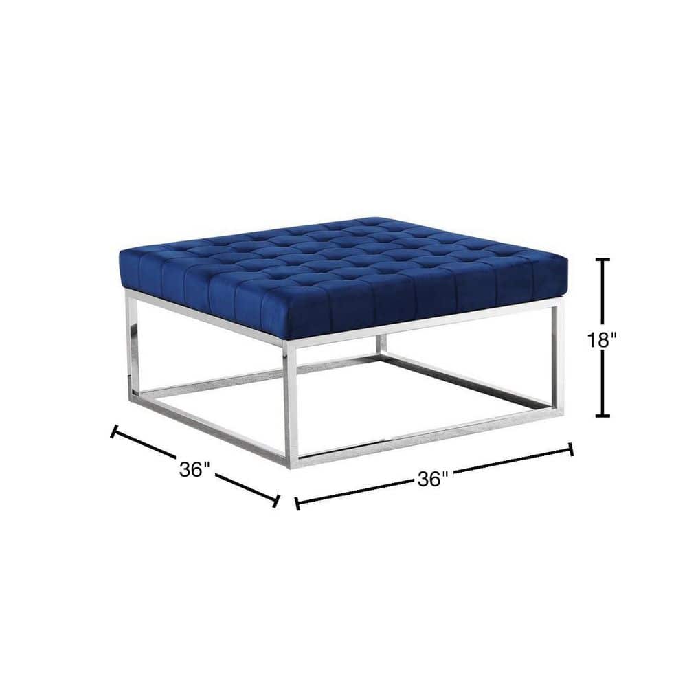 Navy Blue Velvet Tufted Square Ottoman Coffee Table with Silver Base