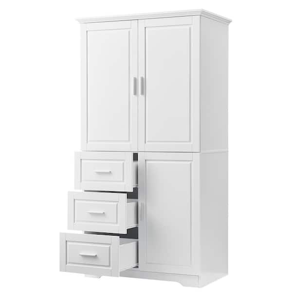 Unbranded 32.6 in. W x 18.1 in. D x 62.2 in. H White Linen Cabinet with 3 Drawers and Shelves for Bathroom, Kitchen