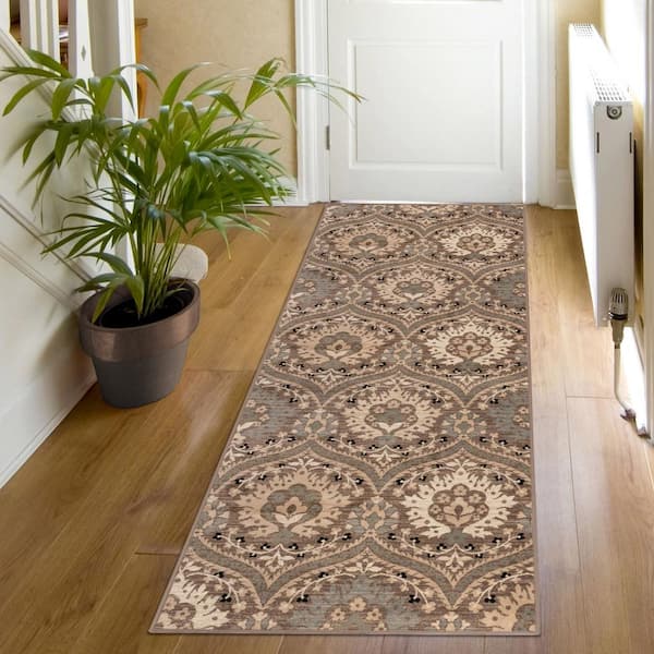 Augusta Light Blue 2 ft. 6 in. x 12 ft. Oriental Floral Non-Slip Runner Rug