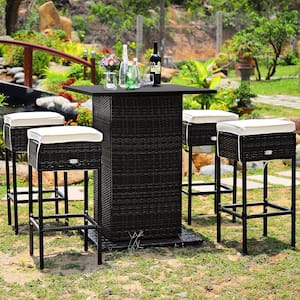 5-Pieces Wicker Patio Conversation Set All-Weather Bar Table Stool Set with Hidden Storage Shelf and Beige Cushions