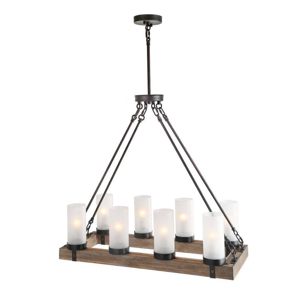 Rustic Bronze and Wood Chandelier with Frosted Glass Shades