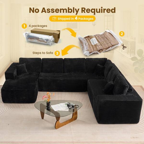 Allwex VJ 135 in. Wide Arm 4-Piece Modern Plush Corduroy U-Shape