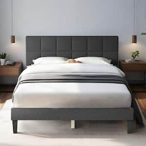 Dark Gray Wood Frame Queen Platform Bed with Linen Upholstered Adjustable Headboard Noise Free