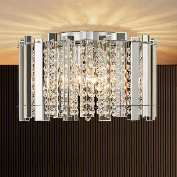 RRTYO Durgin 14.1 in. 4-Light Chrome Modern Glam Dome Cylinder Drum Crystal Flush Mount Ceiling Light with Crystal Beads