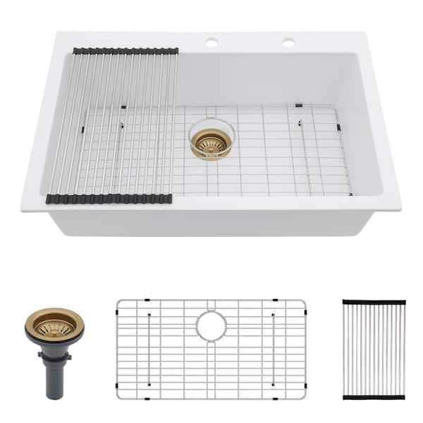 Qidian 33 in. Drop-in Single Bowl White Quartz Kitchen Sink with Bottom Grids