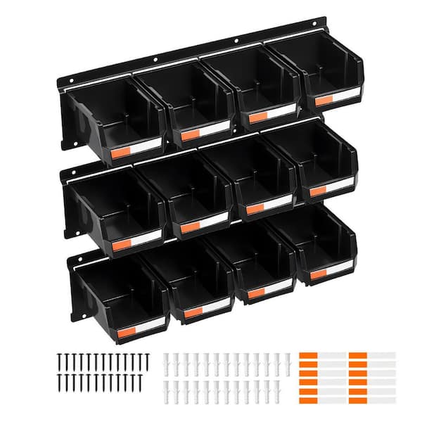 Wall Mounted Storage Bins, 12 Plastic Bins & 3 Metal Rails, Stackable Organizer for Screws, Nuts, Bolts, Nails, Black