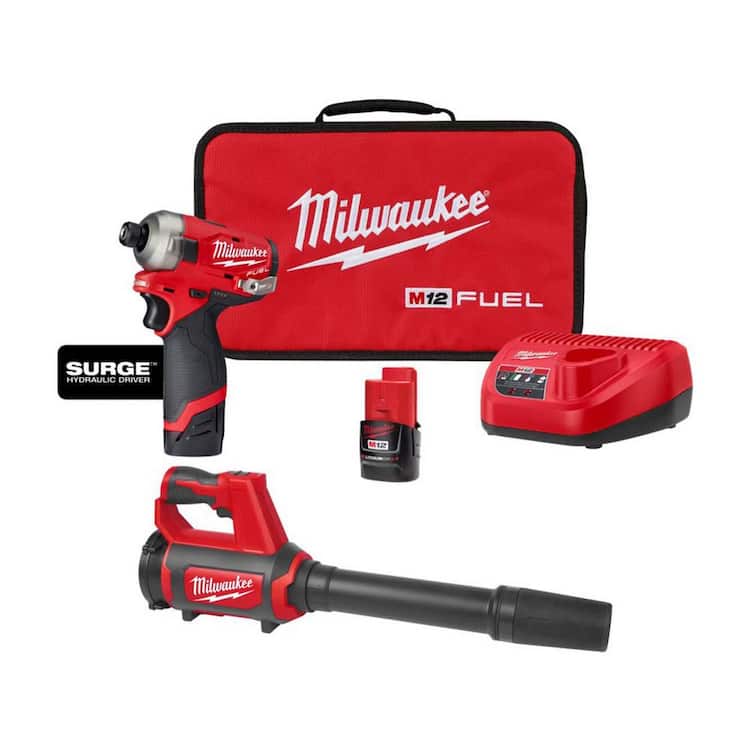 Milwaukee M12 FUEL SURGE 12V Lithium-Ion Brushless Cordless 1/4 in. Hex Impact Driver Kit w/Two 2. 0Ah Batteries &amp; Spot Blower