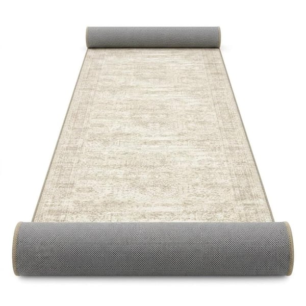 2'x8' Non-Slip Washable Runner Rug, Beige Ivory Low-Pile Hallway Carpet