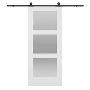 36 in. x 84 in. Shaker 3-Lite Frosted Glass Primed MDF Sliding Barn Door with Top Mount Hardware Kit