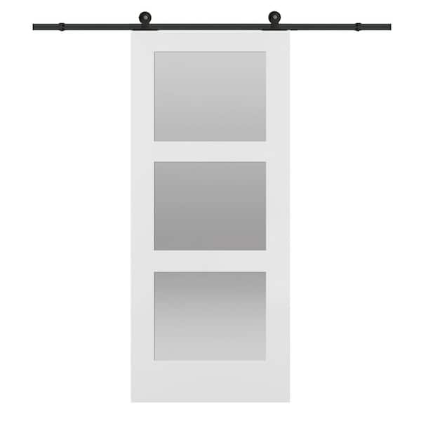 MMI DOOR 36 in. x 84 in. Shaker 3-Lite Frosted Glass Primed MDF Sliding Barn Door with Top Mount Hardware Kit