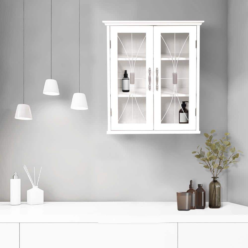 White Engineered Wood Wall Cabinet with Tempered Glass Doors