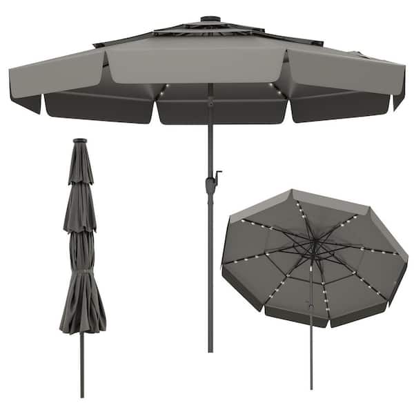 10 ft. Steel Market Solar Patio Umbrella with 3-Tier Vented Top and 32 LED Lights in Gray