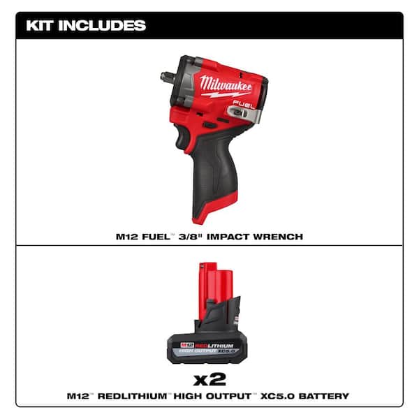 M12 FUEL 12V Lithium-Ion Brushless Cordless Stubby 3/8 in. Impact Wrench with M12 XC High Output 5 Ah Battery (2-Pack)