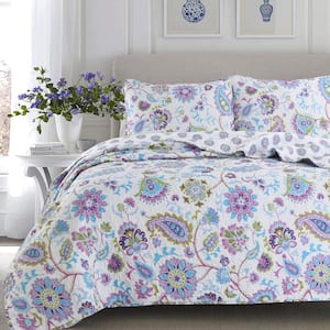 Floral Paisley Lilac Lavender 3-Piece Purple Aqua Blue Polyester Chintz King Quilt Bedding Set