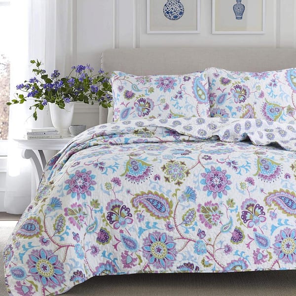 Cozy Line Home Fashions Floral Paisley Lilac Lavender 3-Piece Purple Aqua  Blue Polyester Chintz King Quilt Bedding Set BB2020-051K - The Home Depot