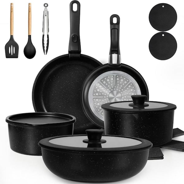 20-Piece Non Stick Cookware Set Black Aluminum Induction Safe Detachable Handle Pots and Pans with Oven Safe Feature
