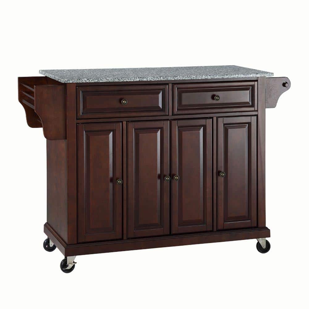 Mahogany Granite Top 46" Kitchen Cart with Spice Rack and Storage