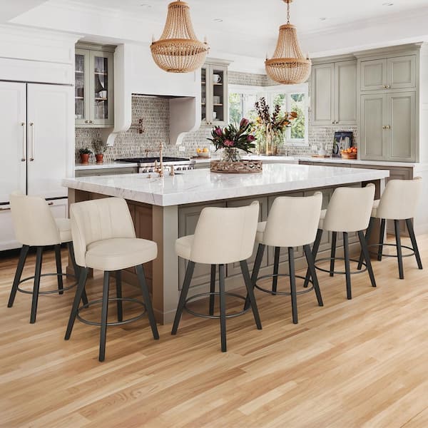 LUE BONA Paul 26 in. Beige Modern Fabric 360° Swivel High Back Barstool Solid Wood Counter Height stool (Set of 6)