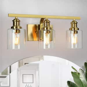 22 in. 3-Light Brass Bathroom Vanity Light, Farmhouse Bath Lighting for Powder Room, Wall Sconce with Clear Glass Shades