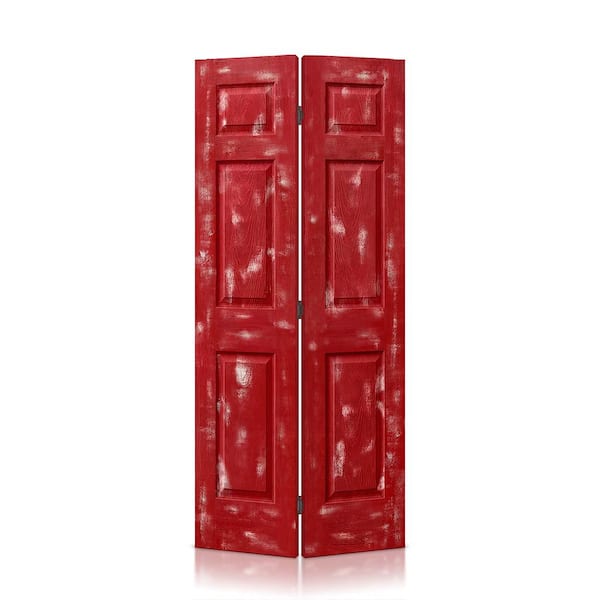 CALHOME 24 in. x 84 in. Hollow Core Vintage Red Stain 6 Panel MDF Composite Bi-Fold Closet Door with Hardware Kit