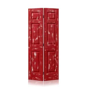 36 in. x 84 in. 6 Panel Hollow Core Vintage Red Stain MDF Composite Bi-Fold Closet Door with Hardware Kit
