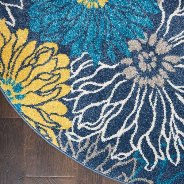Nourison Passion Blue 5 ft. x 5 ft. Floral Contemporary Round Rug