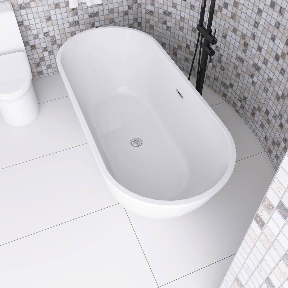63'' White Acrylic Freestanding Soaking Bathtub with Center Drain