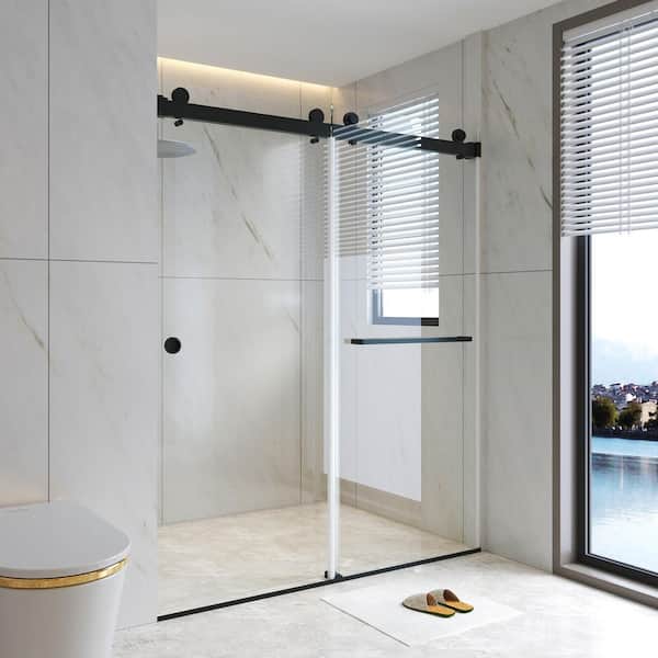 WYonder 59 in. W x 72 in. H Sliding Frameless Shower Door in Matte Black with 5/16 in. (8 mm) Clear Glass