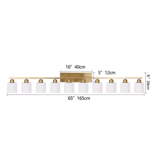 64.96 in. 10-Lights Gold LED Vanity Light Bar Modern Wall Sconce Lamp with Crystal Shade for Bathroom and Mirror