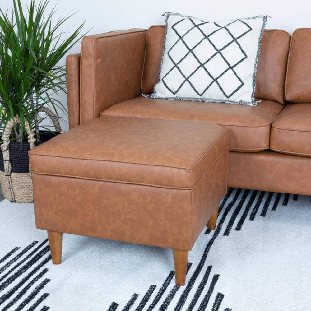 Atley Cognac Vegan Leather Storage Ottoman with Solid Wood Legs