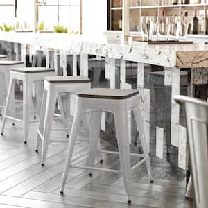 25 in. White/Gray Metal Outdoor Bar Stool
