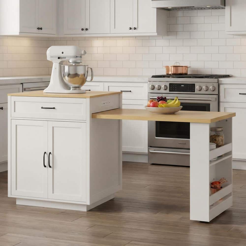 Ximuprmy White Wood 82 in. Kitchen Island with Extendable Dining Table ...