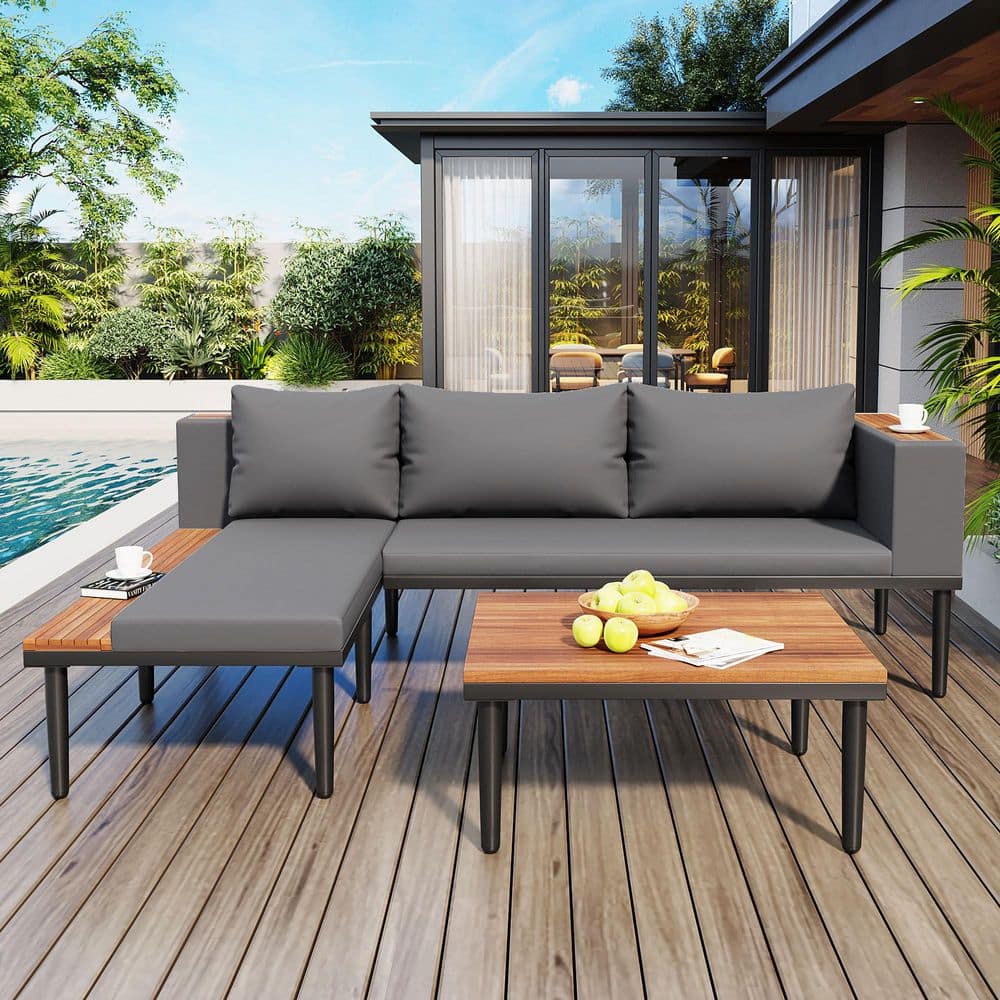 Nestfair Patio Wood Outdoor Sectional Set with Gray Removable