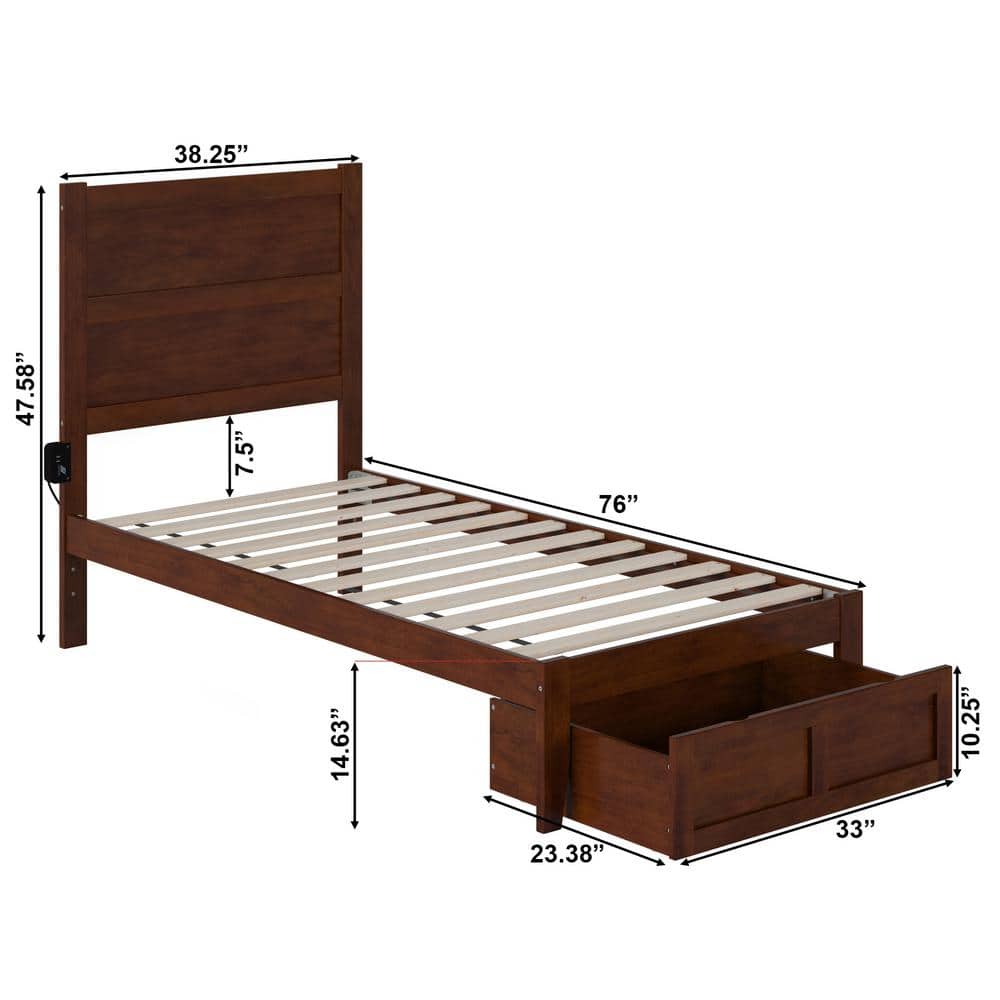 Walnut Twin Wood Platform Bed with Foot Drawer