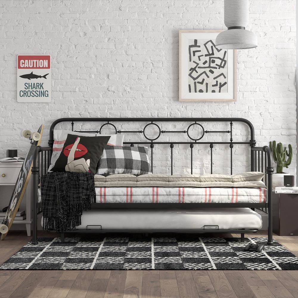 Twin Black Metal Daybed with Trundle and Drawer