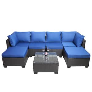 Patio Furniture Black PE Rattan Wicker 7-Piece Wood Outdoor Sectional Set Cushioned Sofa Sets with Blue Cushions