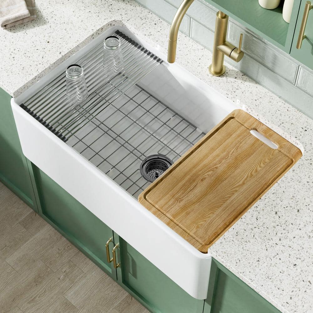 Kuomih 33 in. Workstation Farmhouse Sink Single Bowl White