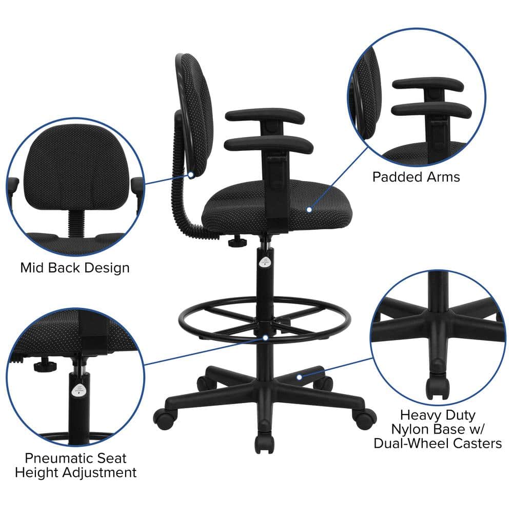 Ergonomic Black Patterned Fabric Drafting Chair with Swivel Base